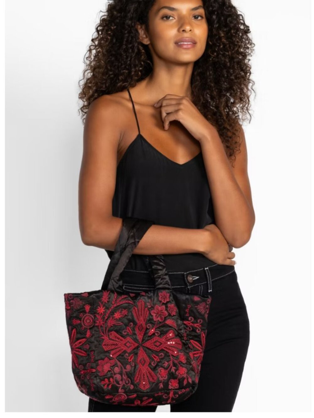Johnny Was Annalina Quilted Tote Black Red Embroidered Boho Bag